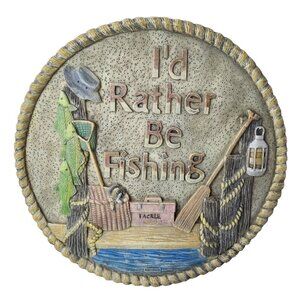 Vintage Spoontiques I'd Rather Be Fishing Round 3D Wall Plaque Cabin Decor